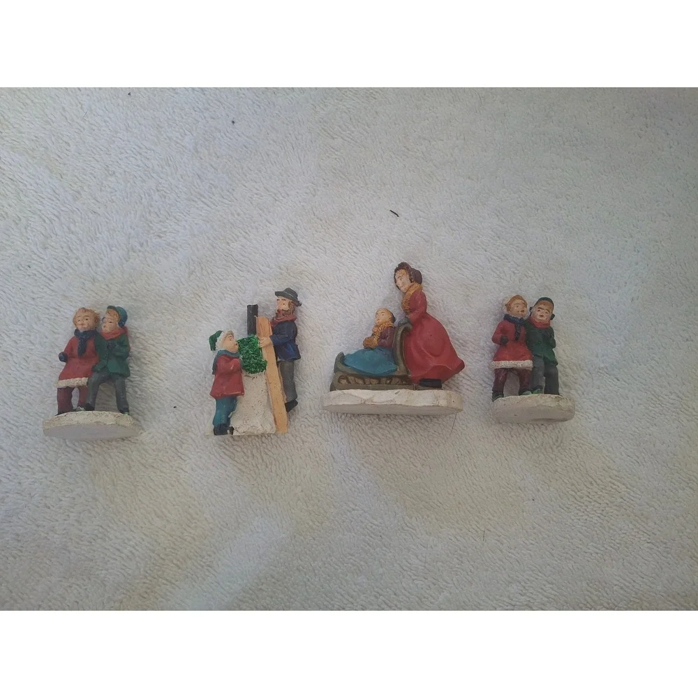 Vintage Style Christmas Village Figurines Set of4 Winter People Sledding Snowman